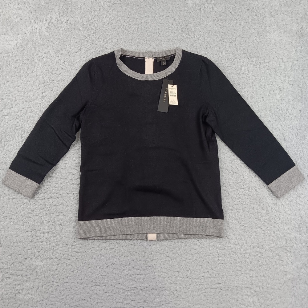 Talbots Sweater Women P Black Silk Blend Colorblock 3/4 Sleeve Back Stripe Top